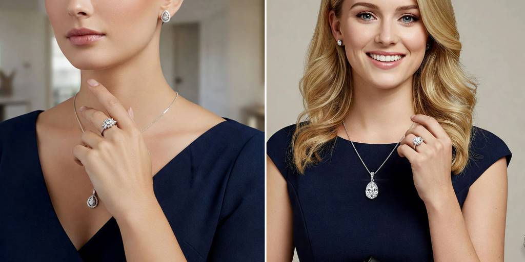 Close-up of a jewel-tone necklace complementing a periwinkle blue dress.