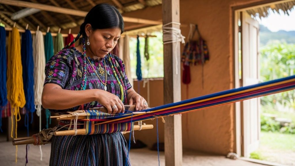 Indigenous artisan weaving fabric on traditional backstrap loom using natural dyes and ancestral textile techniques