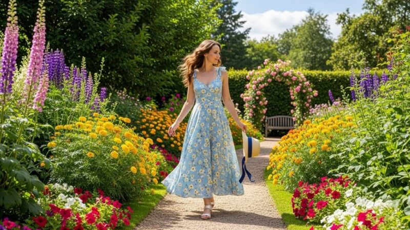 Woman wearing light blue floral sundress walking through summer garden with blooming flowers