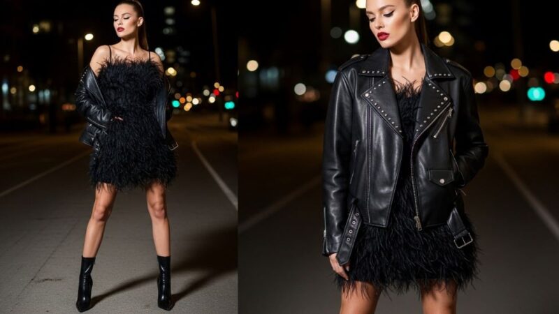 Black feather mini dress styled with sleek black ankle boots and leather jacket for edgy feminine outfit combination