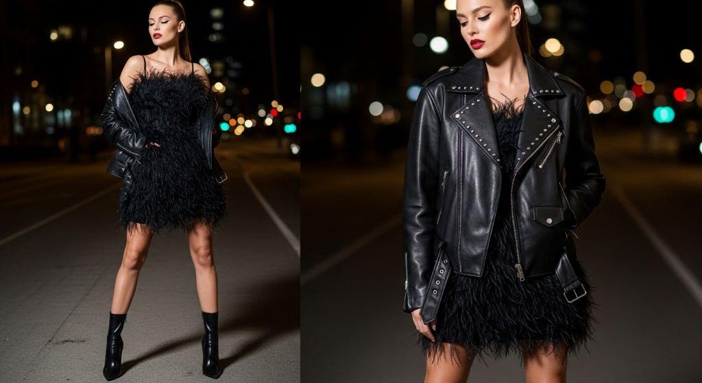 Black feather mini dress styled with sleek black ankle boots and leather jacket for edgy feminine outfit combination