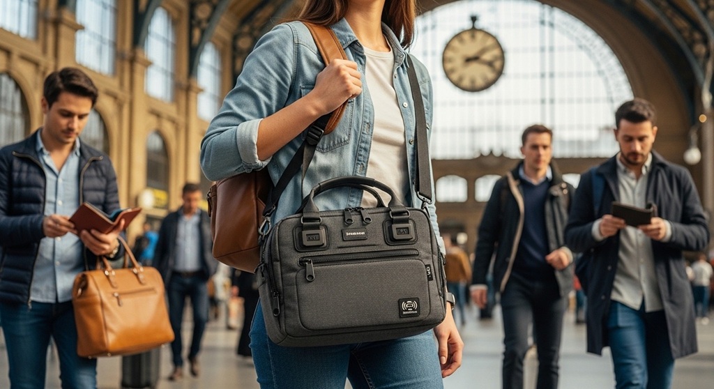 Woman wearing RFID crossbody purse while traveling in crowded city