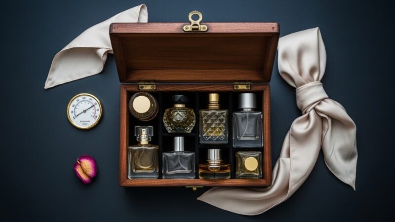 Perfume stored in dark drawer to prevent scent damage
