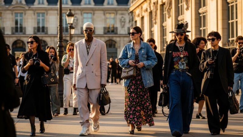 Street style crowd outside a Paris Men's Fashion Week venue in summer