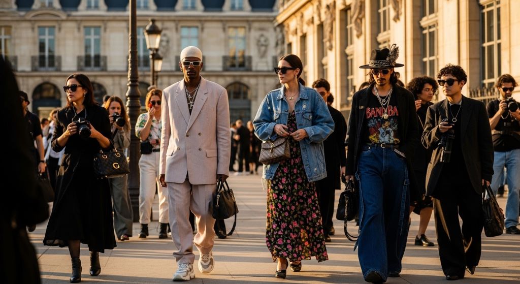 Street style crowd outside a Paris Men's Fashion Week venue in summer