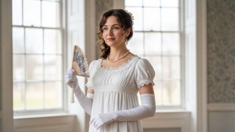 Woman wearing a white empire-waist modern dress transformed into a Regency period style with lace trim and long gloves