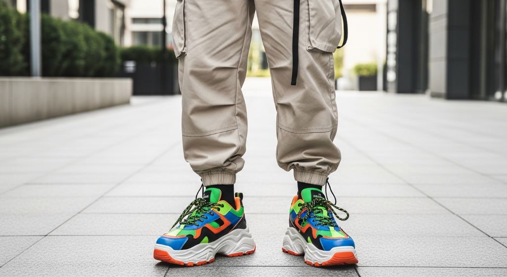 Bold chunky standout shoes with bright color detailing worn with neutral casual clothing