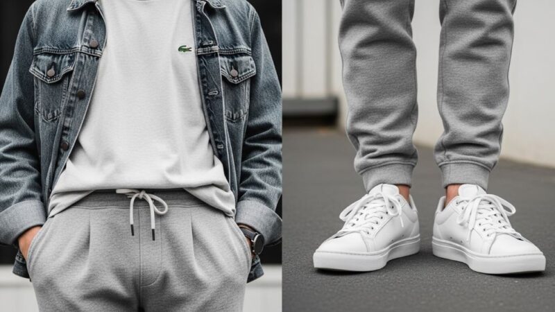 A pair of clean white sneakers styled with grey joggers and a minimalist streetwear outfit