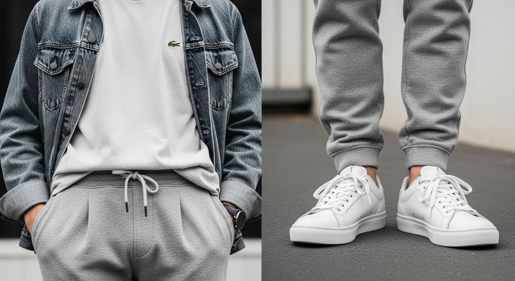 A pair of clean white sneakers styled with grey joggers and a minimalist streetwear outfit