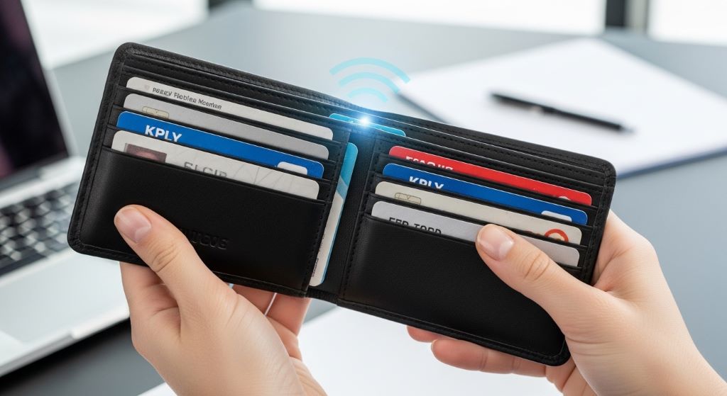 RFID blocking wallet protecting credit cards from wireless theft