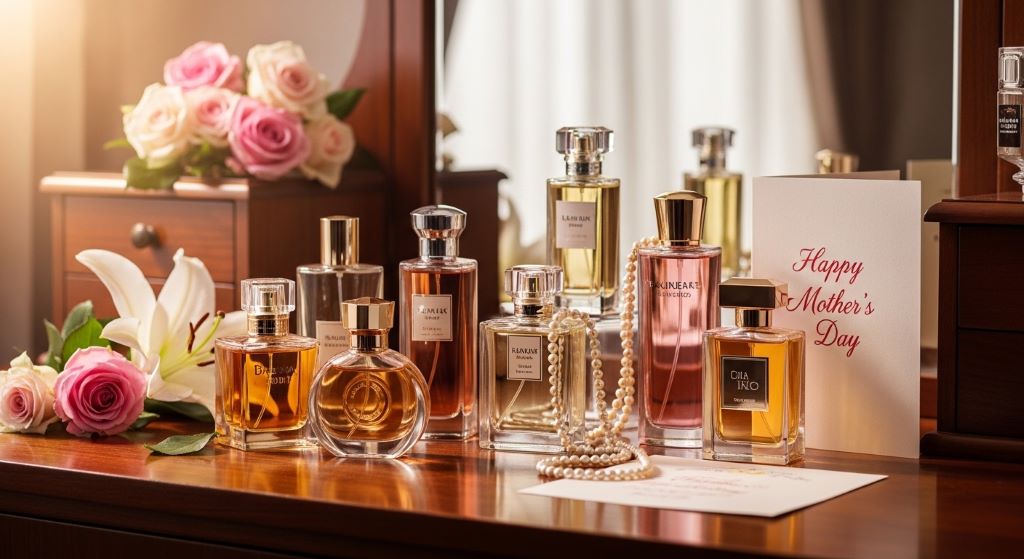 An elegant collection of women’s perfume bottles arranged on a vanity table as a thoughtful Mother’s Day gift display