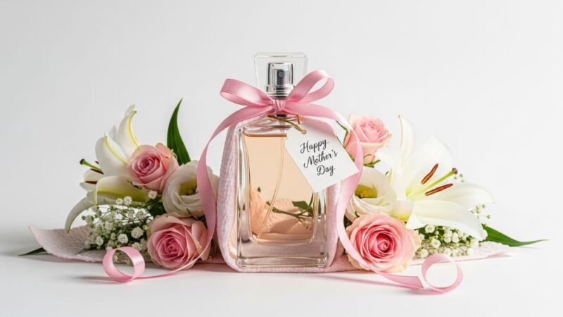 A beautifully wrapped perfume bottle with pink ribbon and fresh flowers on a white background for Mother’s Day