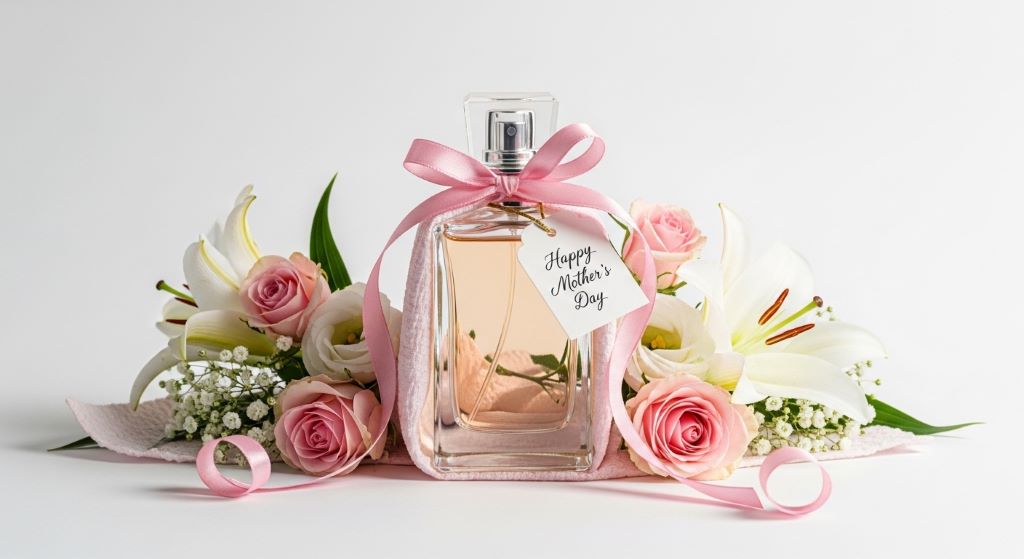 A beautifully wrapped perfume bottle with pink ribbon and fresh flowers on a white background for Mother’s Day