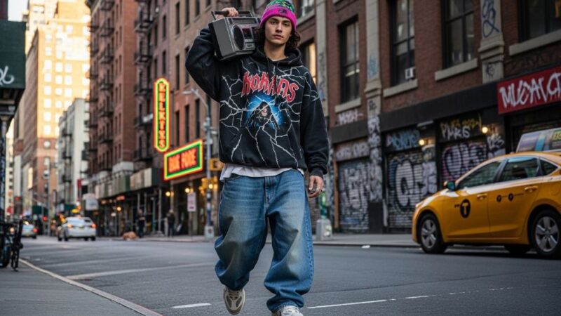 A person wearing oversized 90s inspired streetwear including baggy jeans and a vintage logo hoodie on an urban street