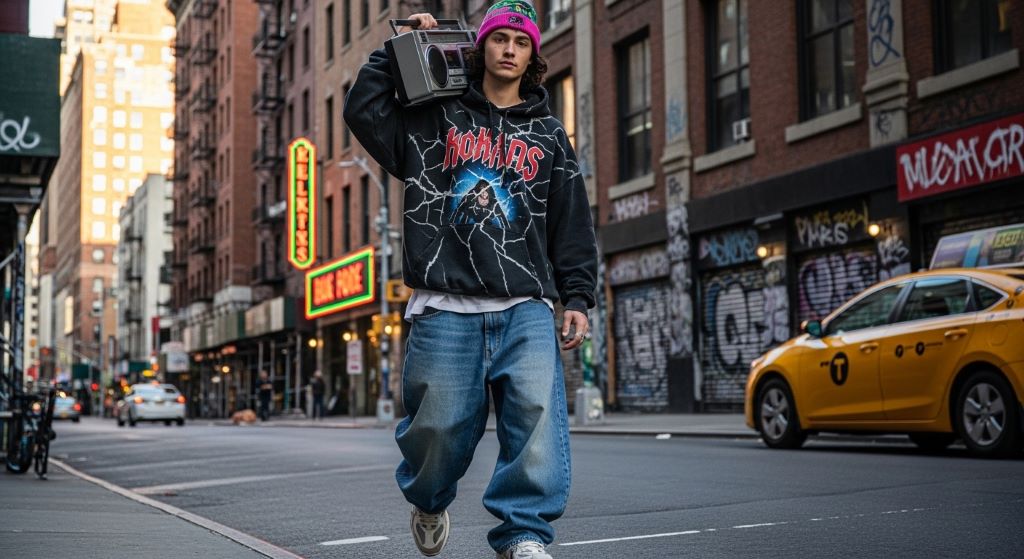 A person wearing oversized 90s inspired streetwear including baggy jeans and a vintage logo hoodie on an urban street