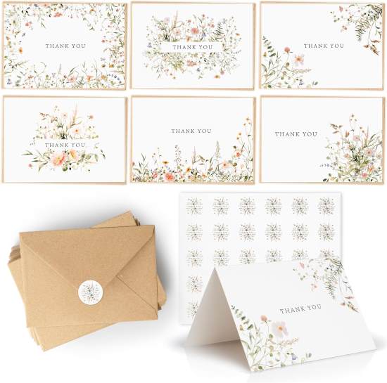 SPIRITDUST 52 pack Floral Thank You Cards Bulk with Kraft Envelopes