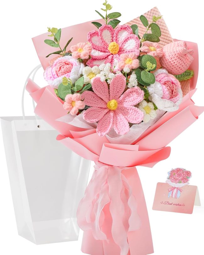 Alecono handmade crochet flower bouquet with pink tulips for unique and long-lasting wedding or gift use