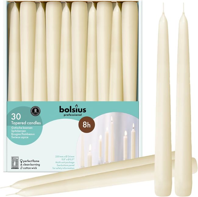 BOLSIUS ivory taper candles 10-inch with dripless design and long burn time for formal wedding arrangements