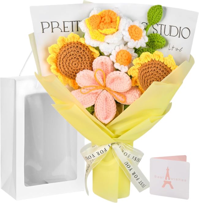 Gouraml crochet sunflower and rose bouquet handmade for romantic wedding gifts and decorative arrangements
