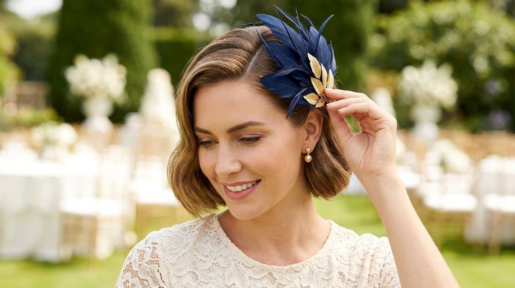 Elegant wedding guest wearing a floral fascinator at a Los Angeles rooftop wedding venue