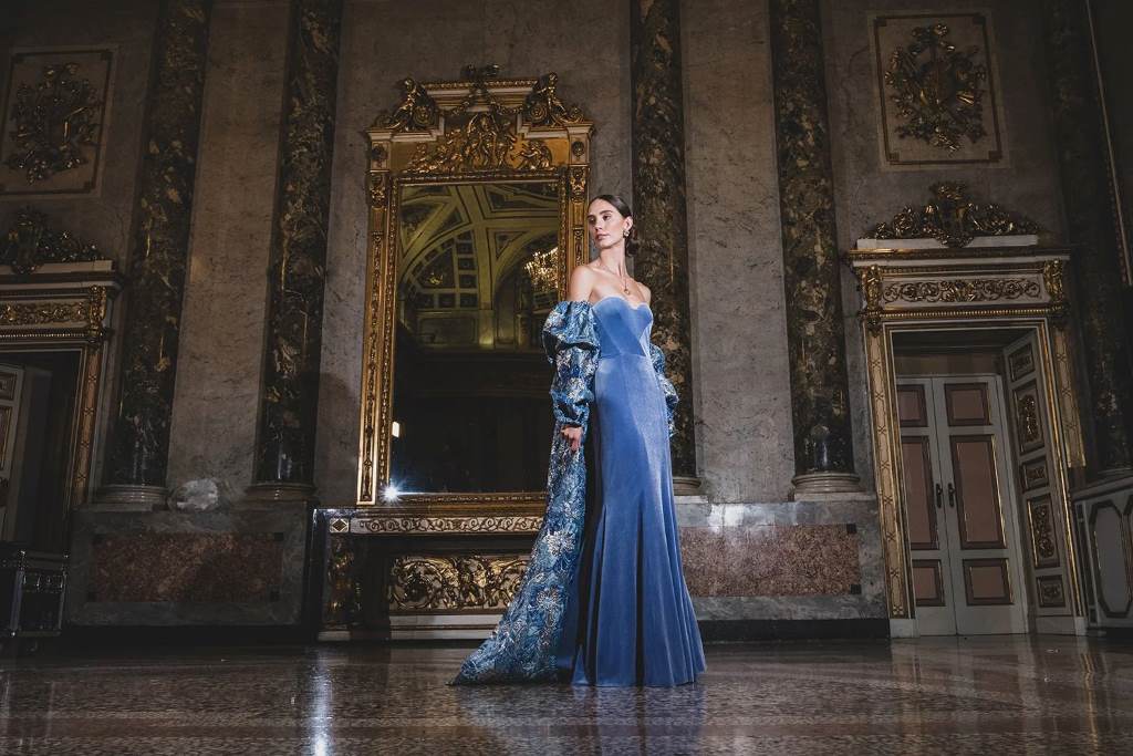 Evaro Italia Spring 2026 fashion show runway at Fairmont San Francisco with models showcasing elegant spring collection