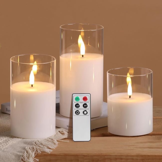 Eywamage flameless glass LED candles with remote timer and flickering effect for safe wedding decoration
