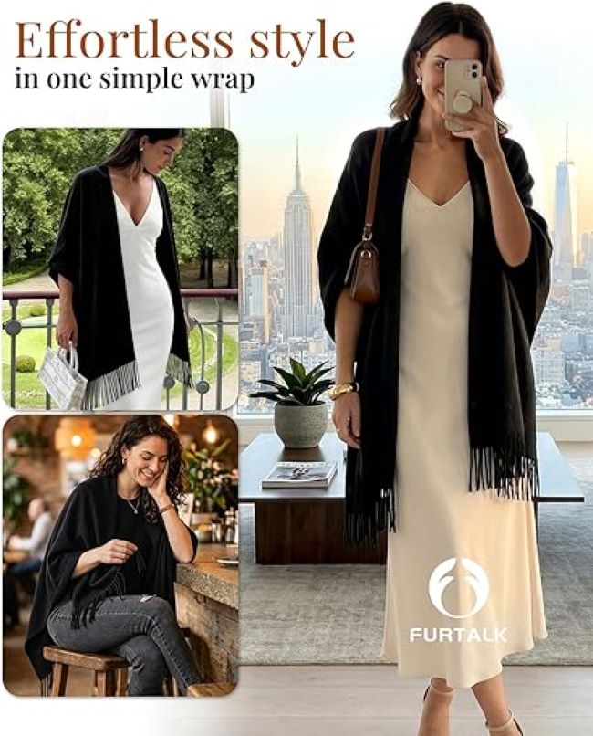 FURTALK black pashmina shawl and wrap for bridesmaids and formal winter wedding fashion