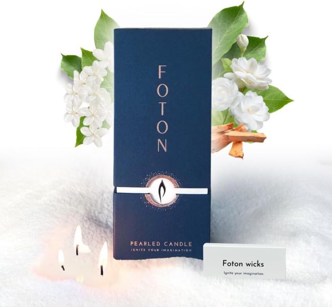 Foton pearled candle with sandalwood jasmine scent, refillable wax design and long 120-hour burn time for wedding ambiance