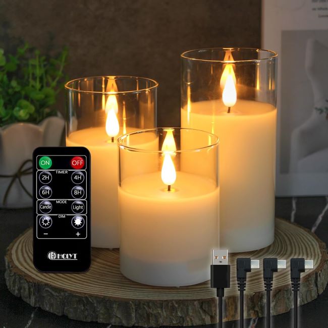 LEDHOLYT rechargeable flameless glass candles with flickering LED light and remote for modern wedding décor