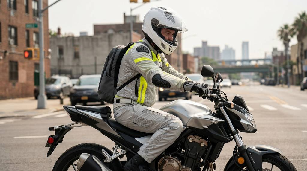 Lightweight motorcycle commuting gear arranged for hot and humid riding conditions in NY and CA