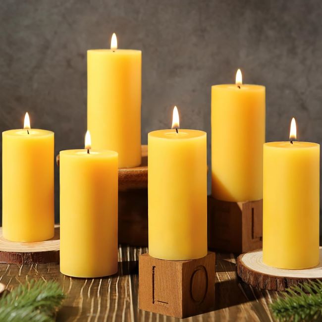 MAKALONE natural beeswax pillar candles with long 210-hour burn time, smokeless and ideal for weddings and events