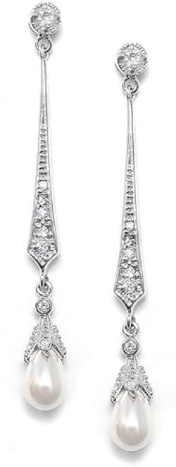 Mariell silver dangle earrings with freshwater pearls and cubic zirconia, perfect for wedding and bridal elegance