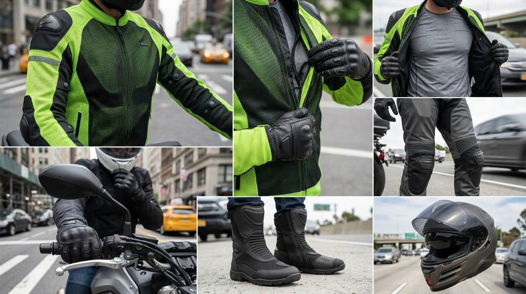 Motorcycle commuter wearing breathable mesh gear during humid summer traffic in New York City