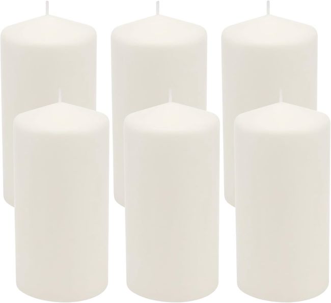 Stonebriar white pillar candles with 65-hour burn time, perfect for elegant wedding décor and centerpieces
