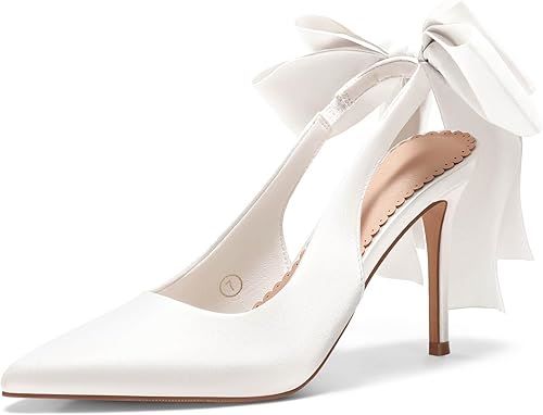 Coutgo slingback satin pumps with pointed closed toe, decorative bow, and high heel design for bridal and formal dress occasions