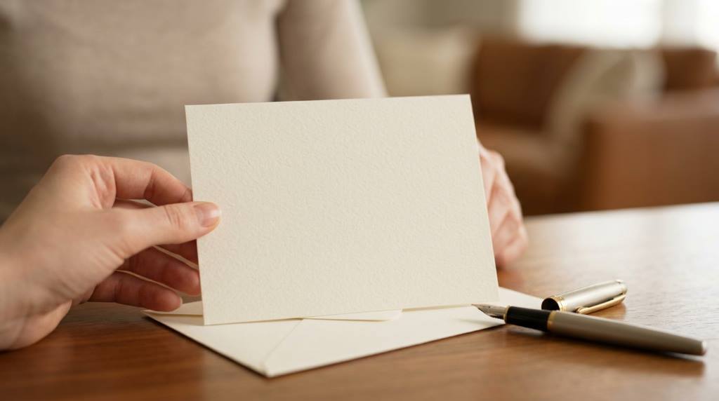 Handwritten wedding card with a heartfelt message and a pen