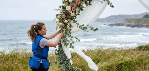 Securing outdoor wedding decorations with weighted bases and stakes