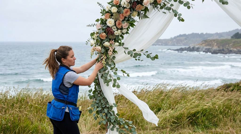 Securing outdoor wedding decorations with weighted bases and stakes