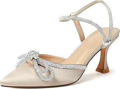 Susanny rhinestone slingback wedding shoes with pointed toe, bow accent, clear kitten heels, and adjustable strap for bridal wear