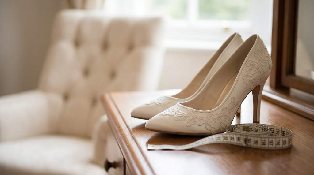 Woman wearing bridal shoes with thick socks indoors