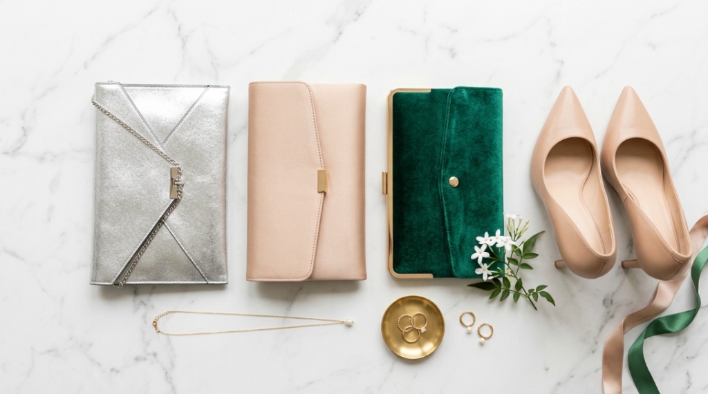 Three different stylish affordable evening clutches displayed on marble.