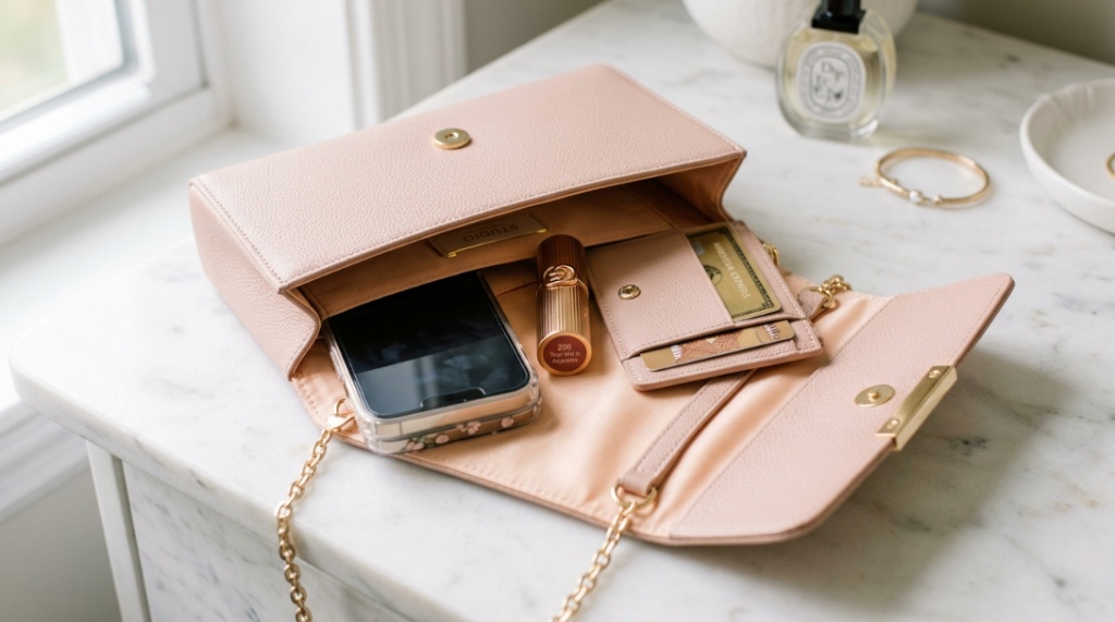 Open pink evening clutch showing a phone and lipstick inside.