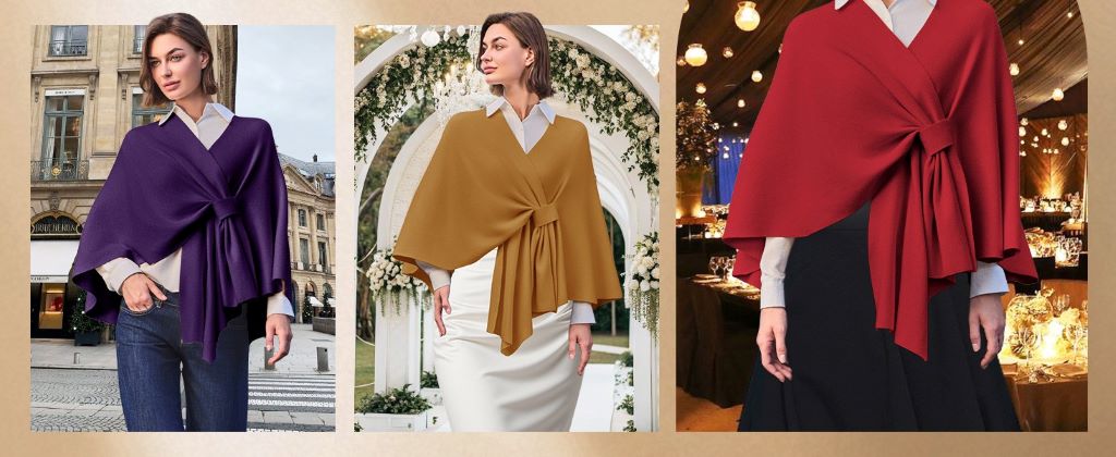 Close-up of luxurious shawls styled with evening gowns for formal occasions
