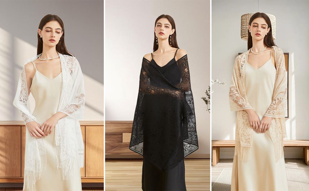 Woman draping an elegant shawl over a formal evening dress at an event