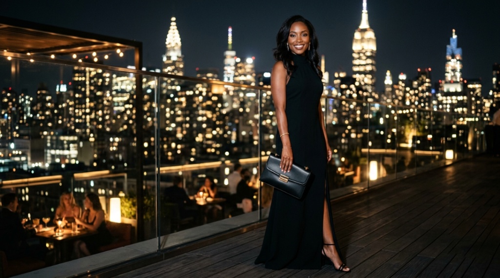 Woman in an evening gown holding a black clutch bag.