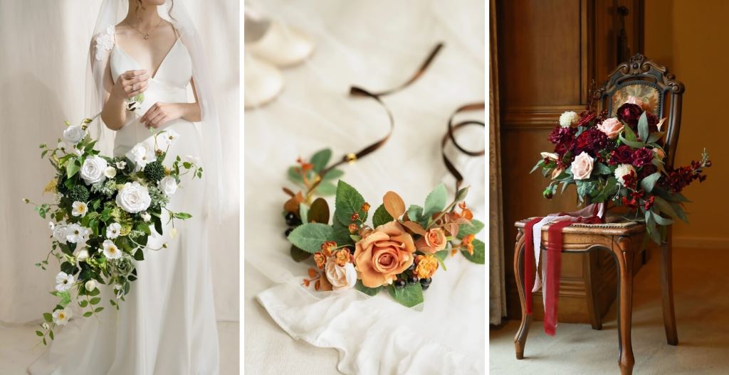 Bride holding a wedding bouquet matching the overall wedding theme and colors