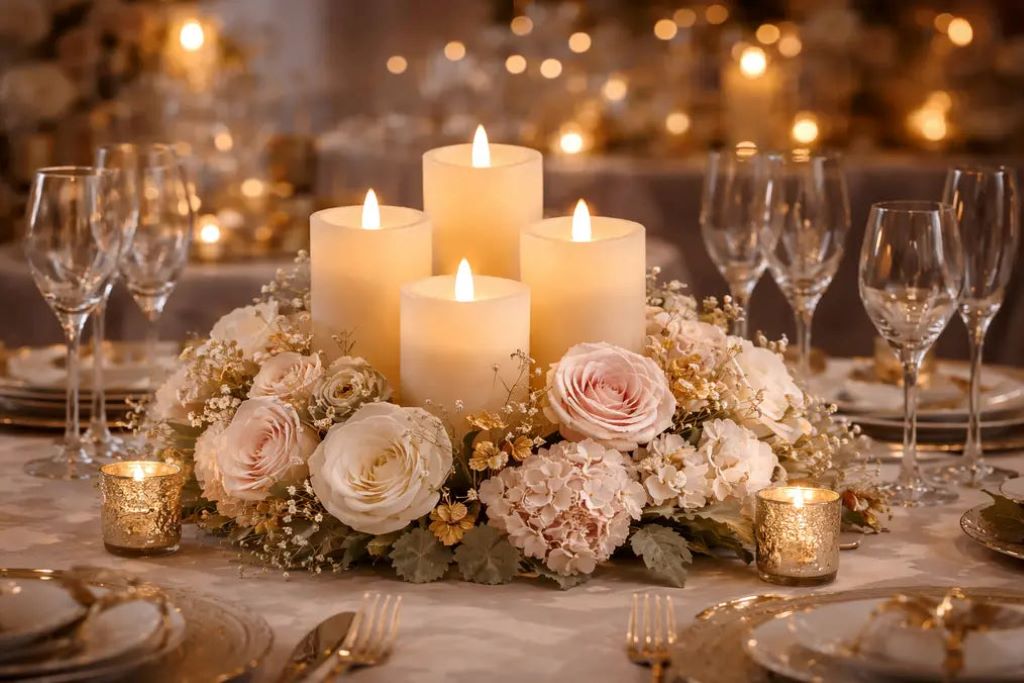 Close-up of lit candles in glass holders used for wedding ceremony decoration