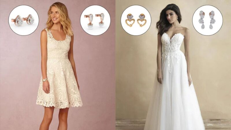 Bride wearing elegant wedding earrings that complement her dress neckline and style