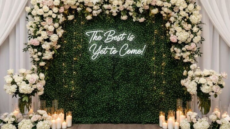 Wedding venue featuring a custom neon sign as a contemporary photo backdrop and focal point