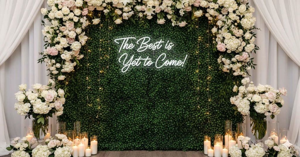 Wedding venue featuring a custom neon sign as a contemporary photo backdrop and focal point